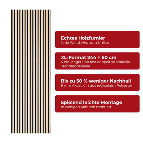Akustikpaneel Premium Kiefer – Filz Schwarz 244 × 60 cm