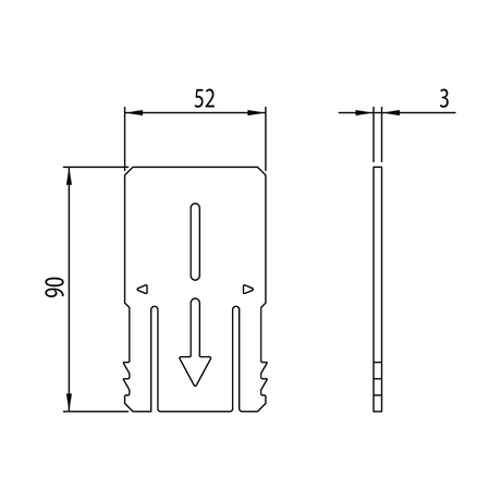 Maßzeichnung Alu Klick Pro Längsverbinder mit Abmessungen 52 x 90 x 3 mm